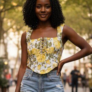 Shein Yellow Green White Floral Crop Top - Medium